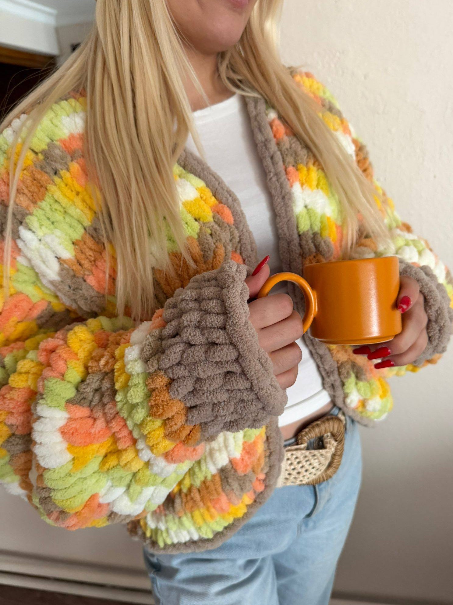Bohemian Chunky Chenille Knit Cardigan & Beanie Set