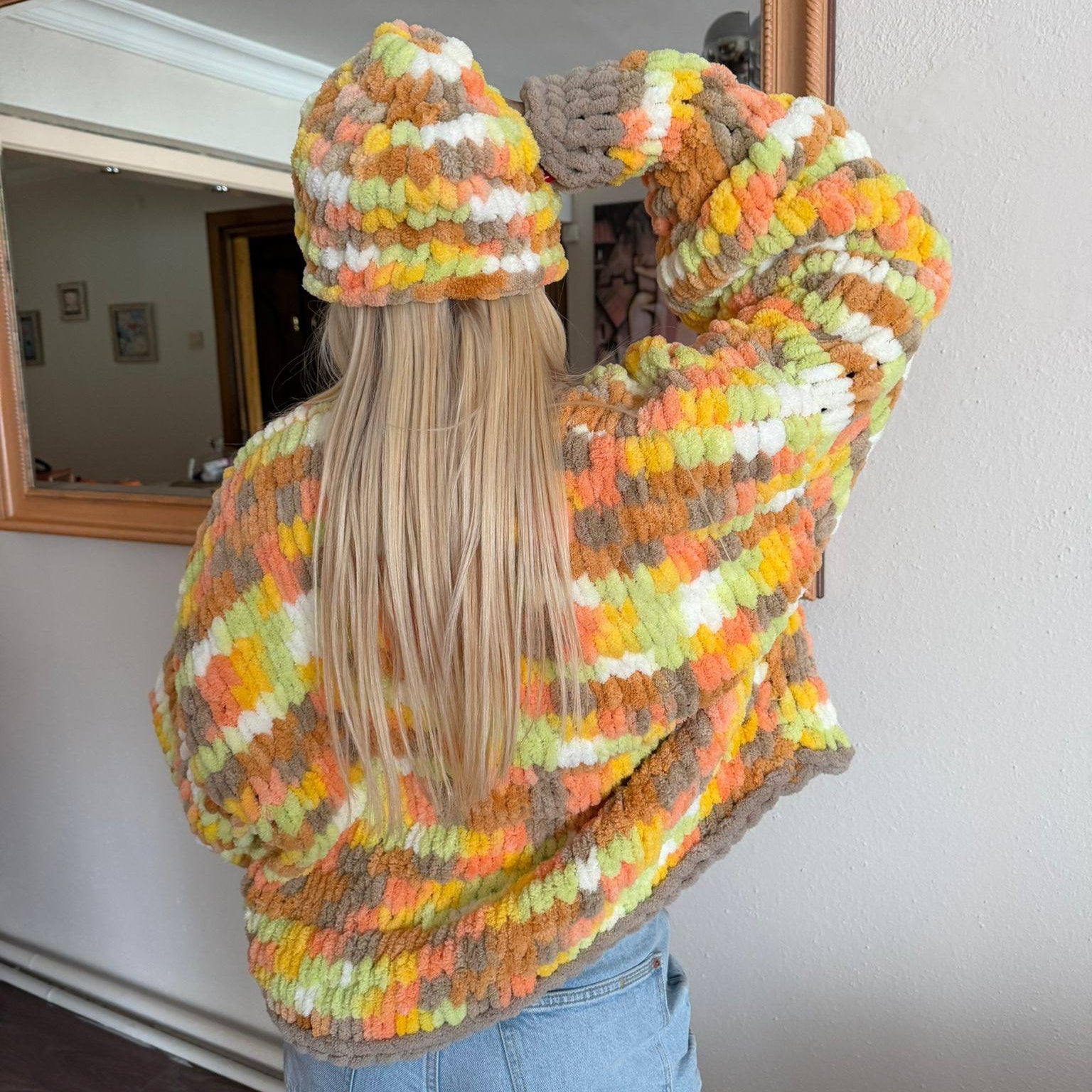Bohemian Chunky Chenille Knit Cardigan & Beanie Set