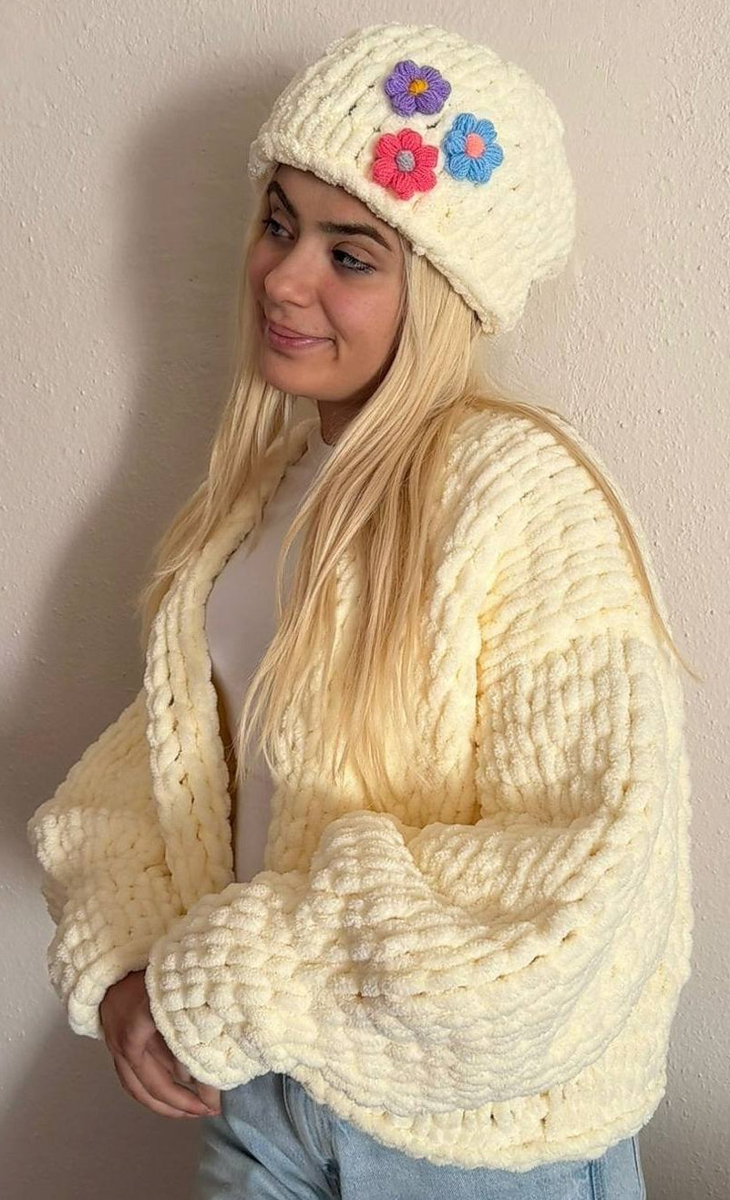 Chunky Chenille Knit Cardigan Beanie Set