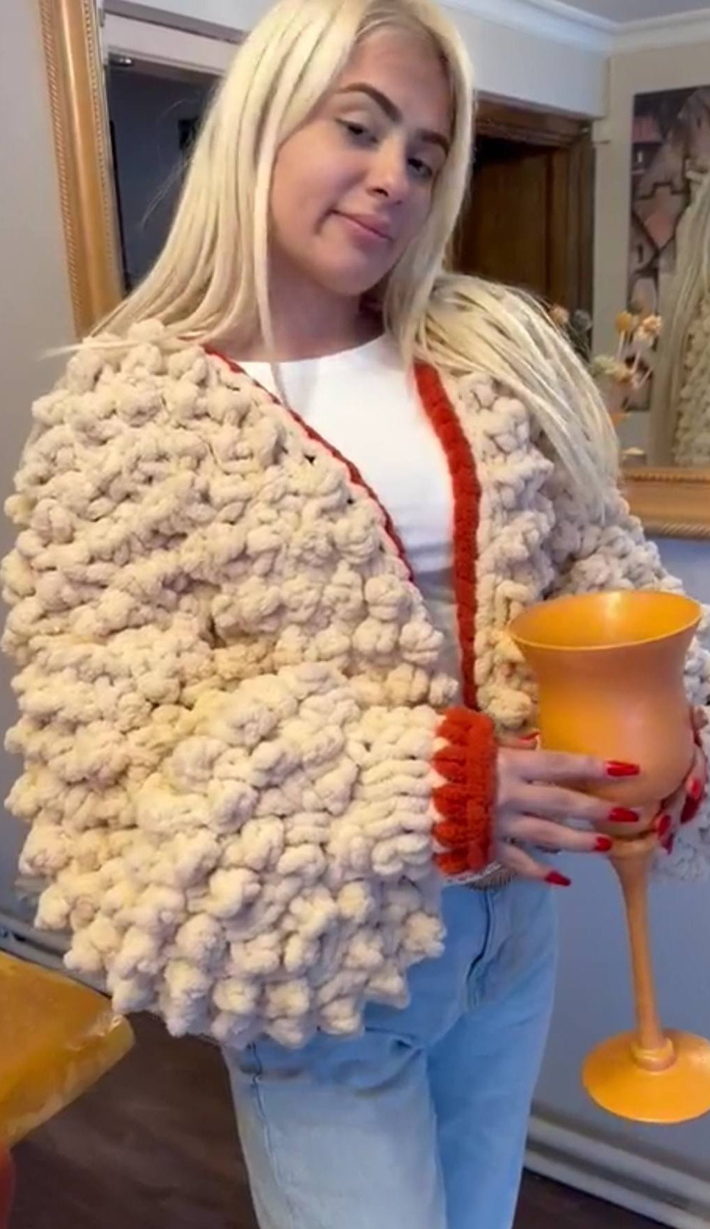 Hand-Knitted Chunky Chenille Cardigan, Popcorn Texture Balloon Sleeve
