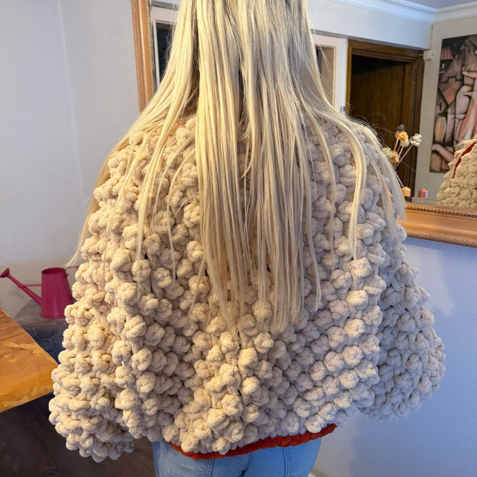 Hand-Knitted Chunky Chenille Cardigan, Popcorn Texture Balloon Sleeve