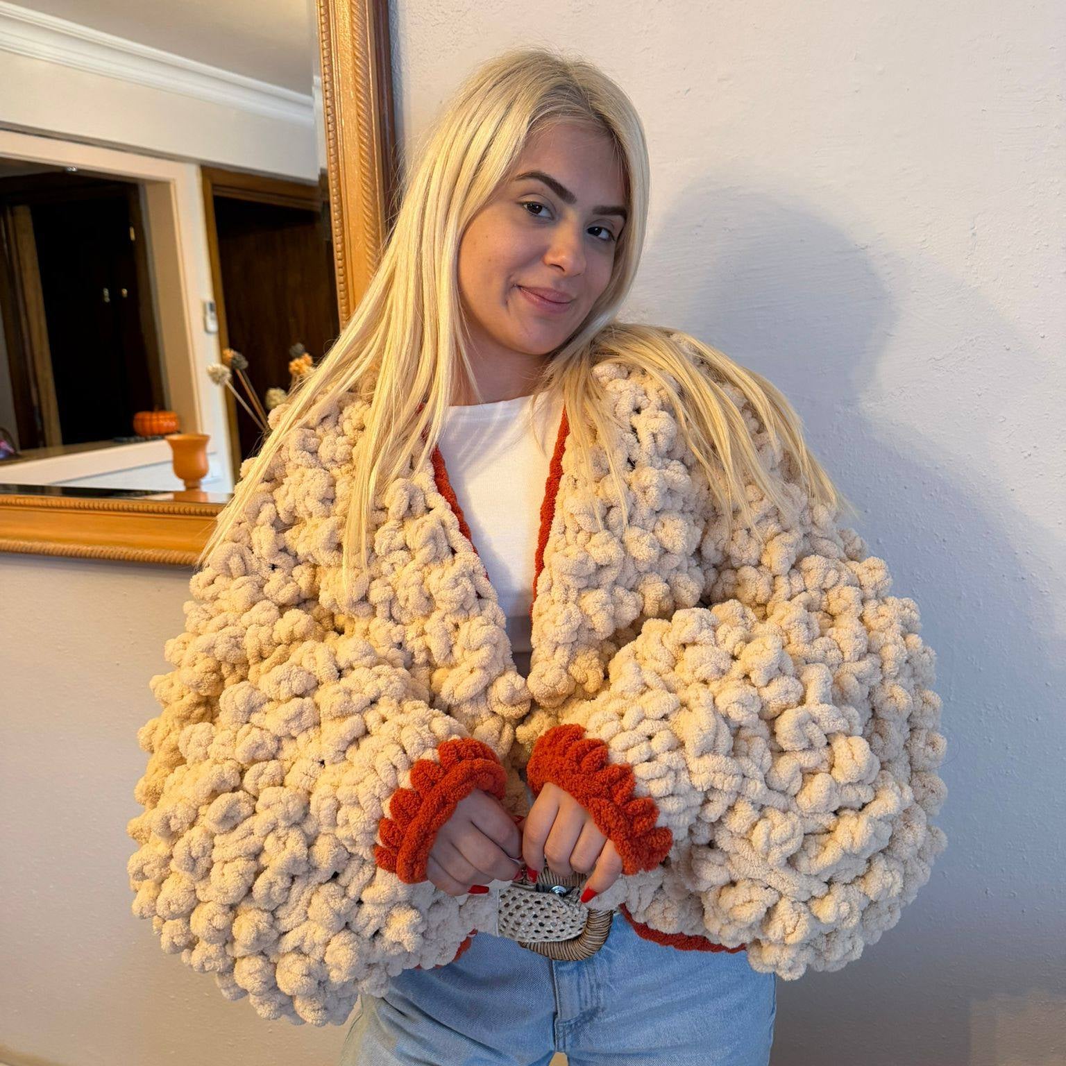 Hand-Knitted Chunky Chenille Cardigan, Popcorn Texture Balloon Sleeve