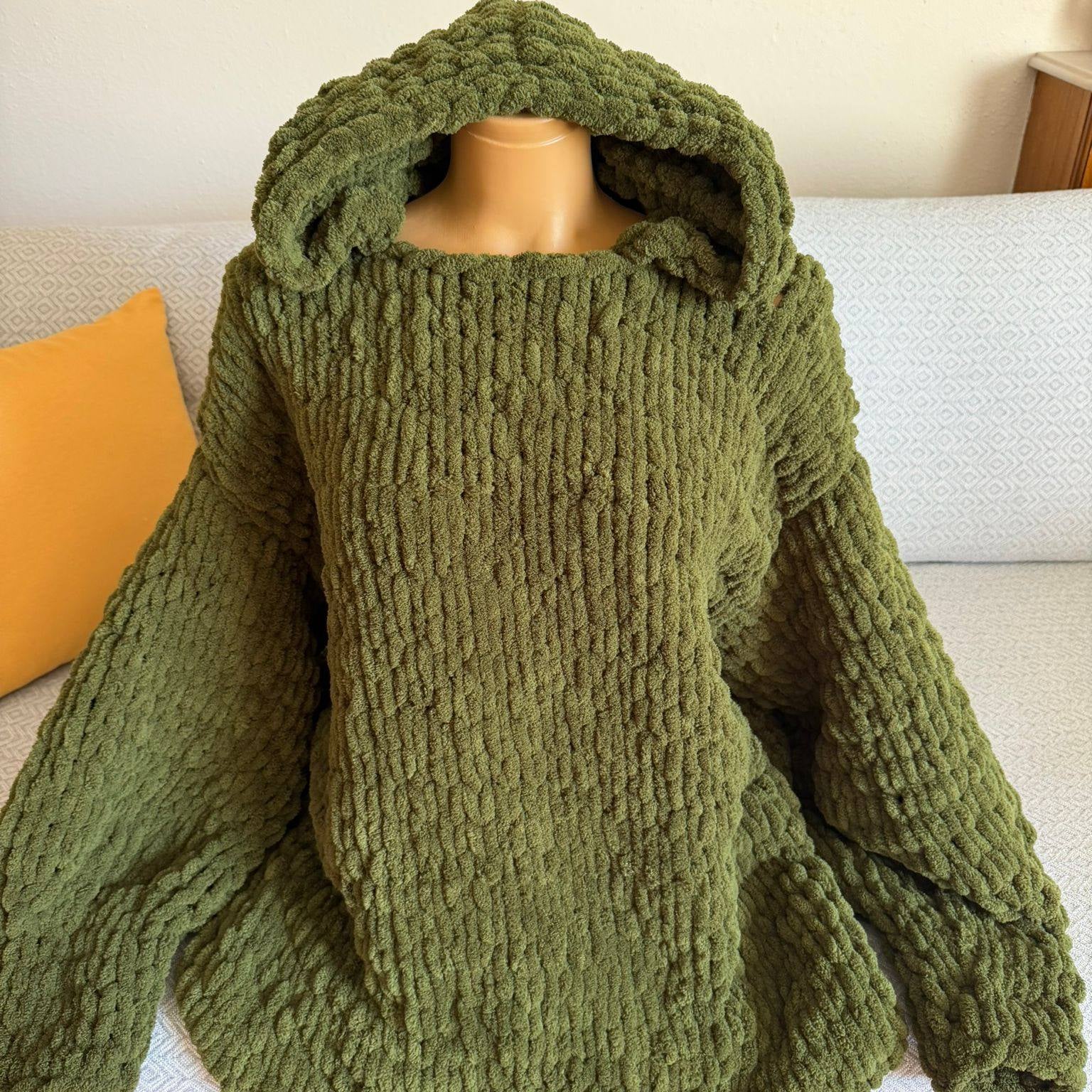 Hand-Knitted Oversized Chunky Chenille Hoodie, Balloon Sleeve