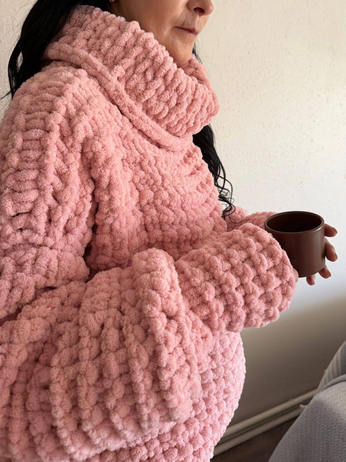 Handmade Pink Chenille Chunky Knit Balloon Sleeve Turtleneck Sweater