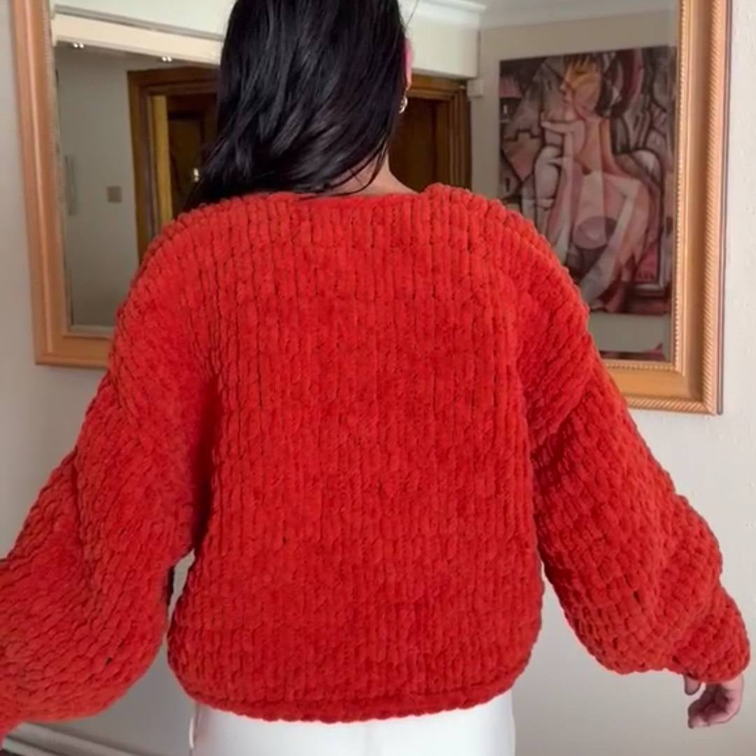 Chunky Knit Chenille Cardigan Balloon Sleeve – Terracotta