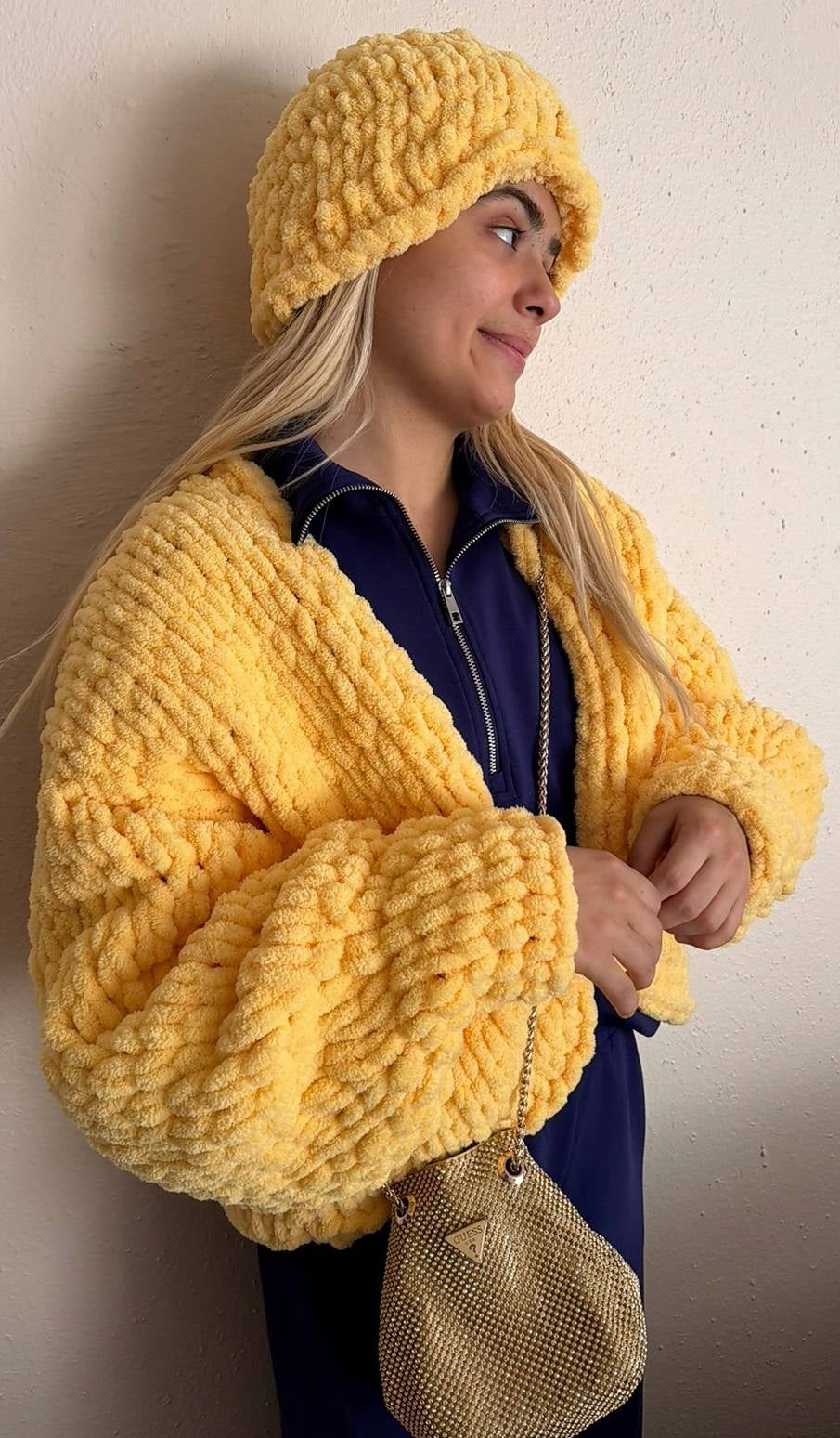 Chunky Knit Cardigan and Beanie Set