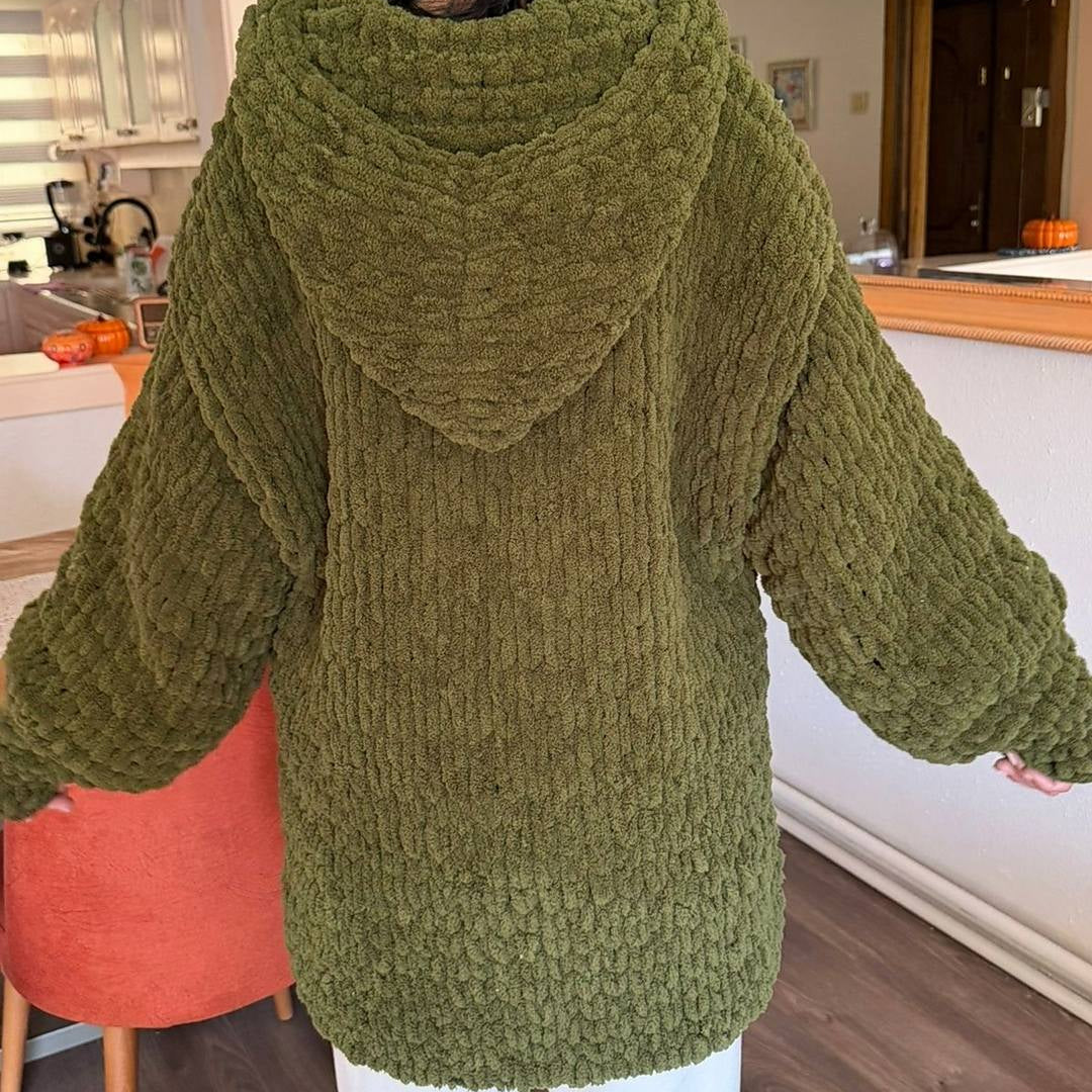 Hand-Knitted Oversized Chunky Chenille Hoodie, Balloon Sleeve