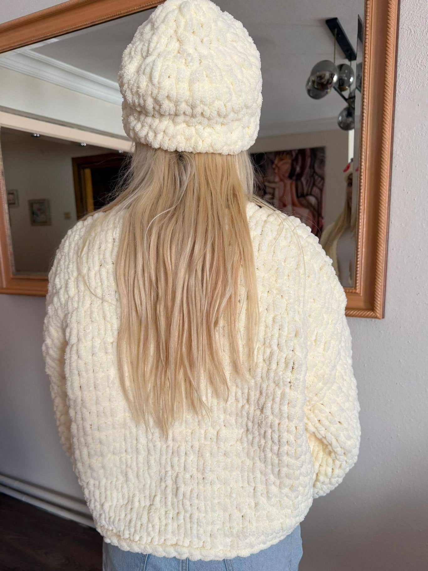 Chunky Chenille Knit Cardigan Beanie Set