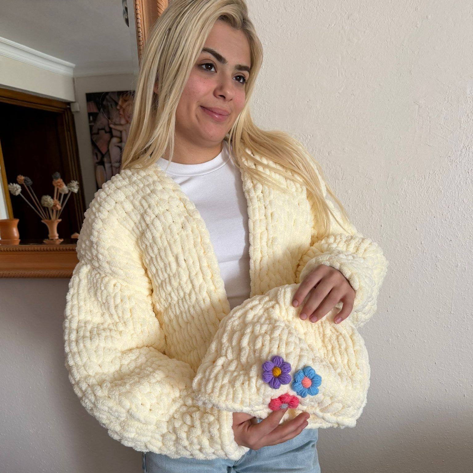 Chunky Chenille Knit Cardigan Beanie Set