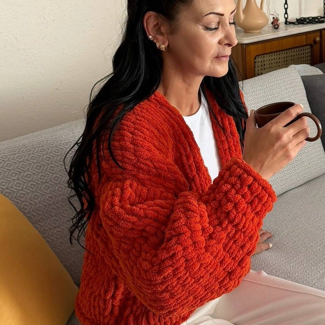 Chunky Knit Chenille Cardigan Balloon Sleeve – Terracotta