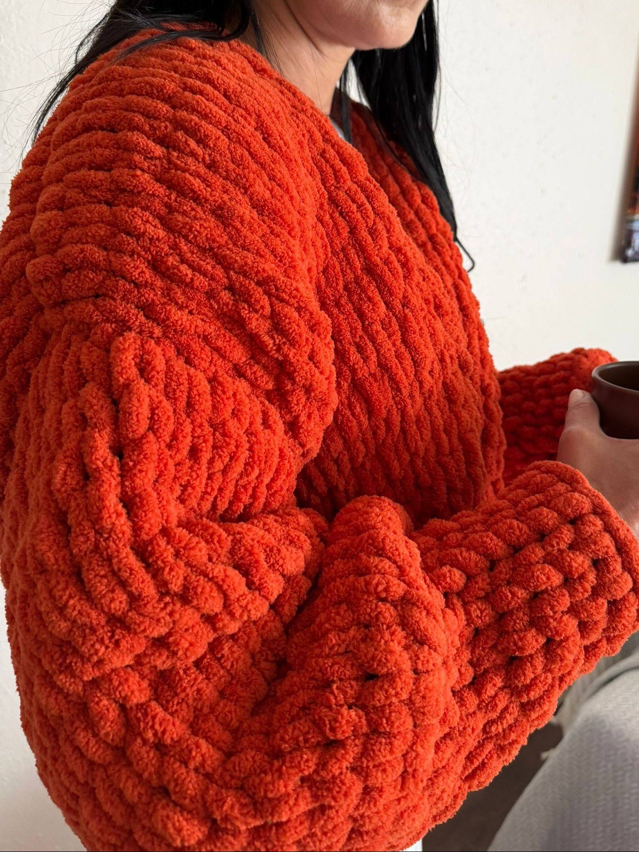 Chunky Knit Chenille Cardigan Balloon Sleeve – Terracotta