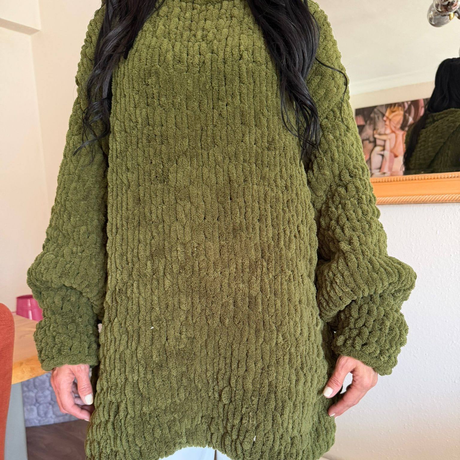 Hand-Knitted Oversized Chunky Chenille Hoodie, Balloon Sleeve