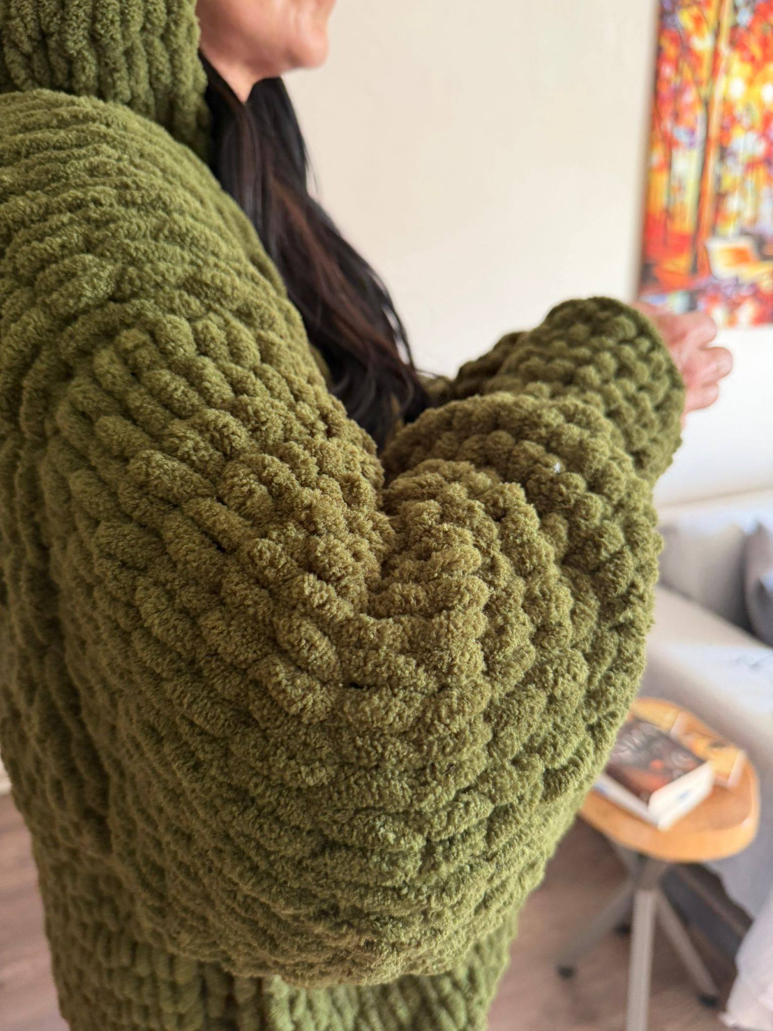 Hand-Knitted Oversized Chunky Chenille Hoodie, Balloon Sleeve