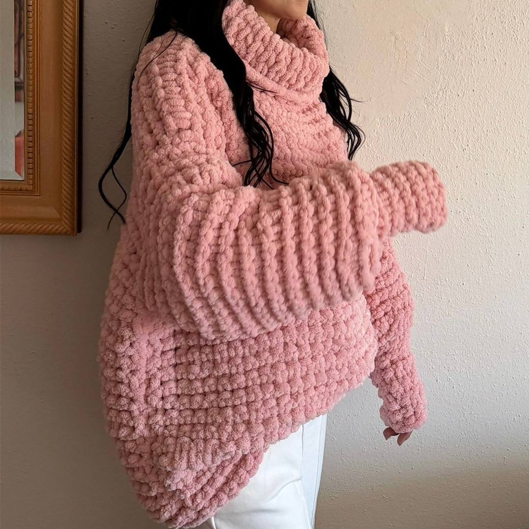 Handmade Pink Chenille Chunky Knit Balloon Sleeve Turtleneck Sweater