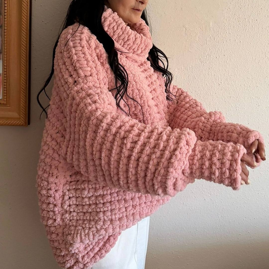 Handmade Pink Chenille Chunky Knit Balloon Sleeve Turtleneck Sweater