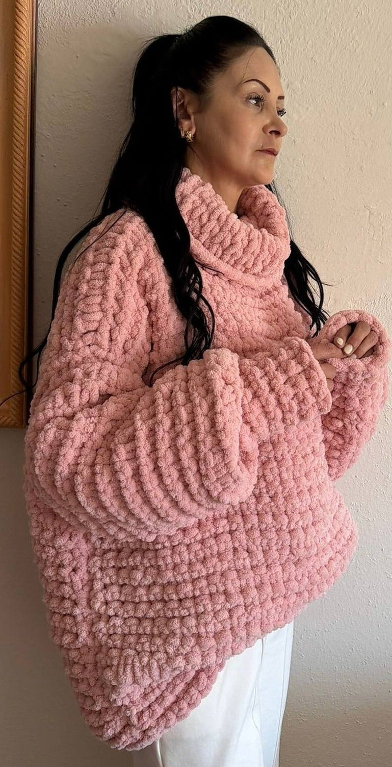 Handmade Pink Chenille Chunky Knit Balloon Sleeve Turtleneck Sweater