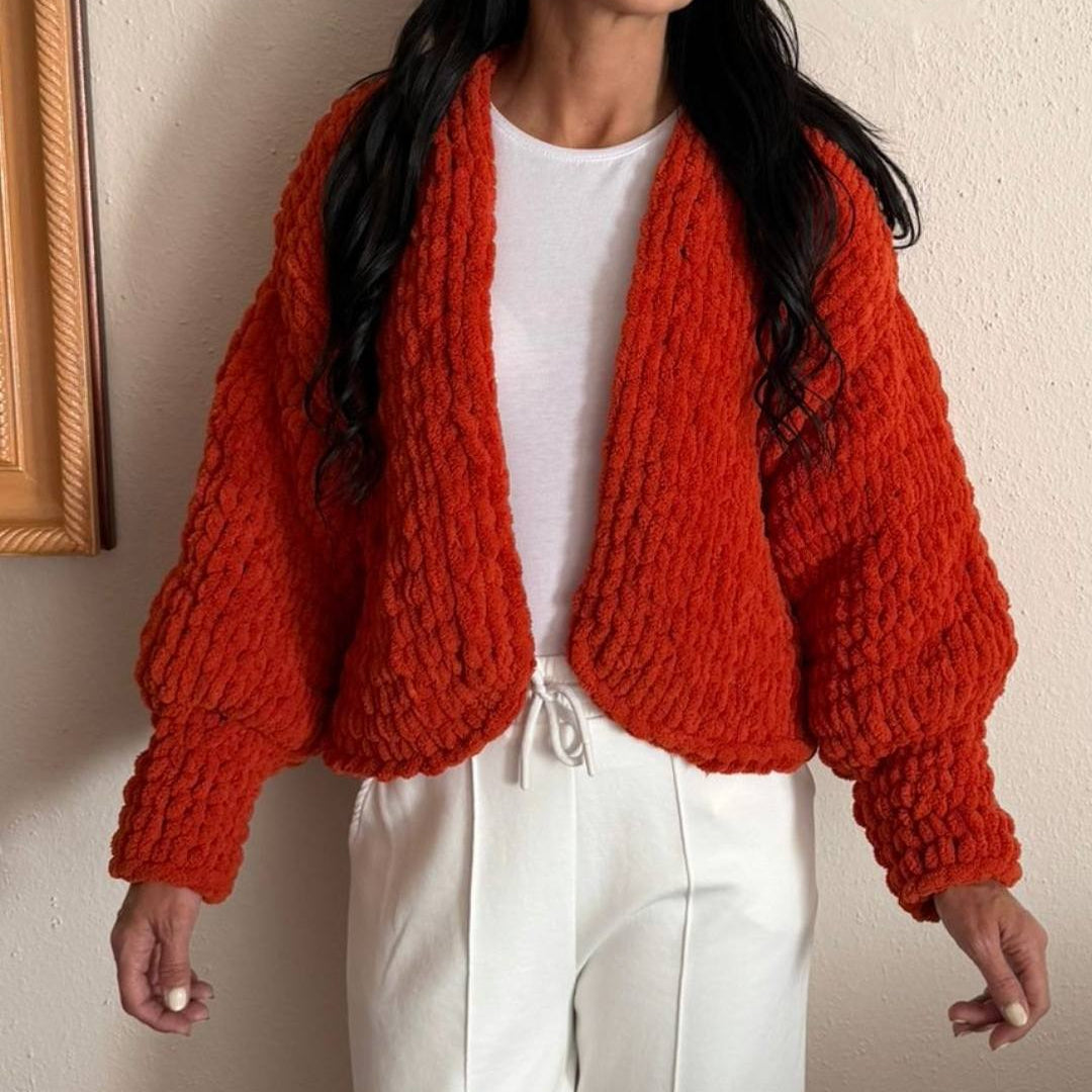 Chunky Knit Chenille Cardigan Balloon Sleeve – Terracotta