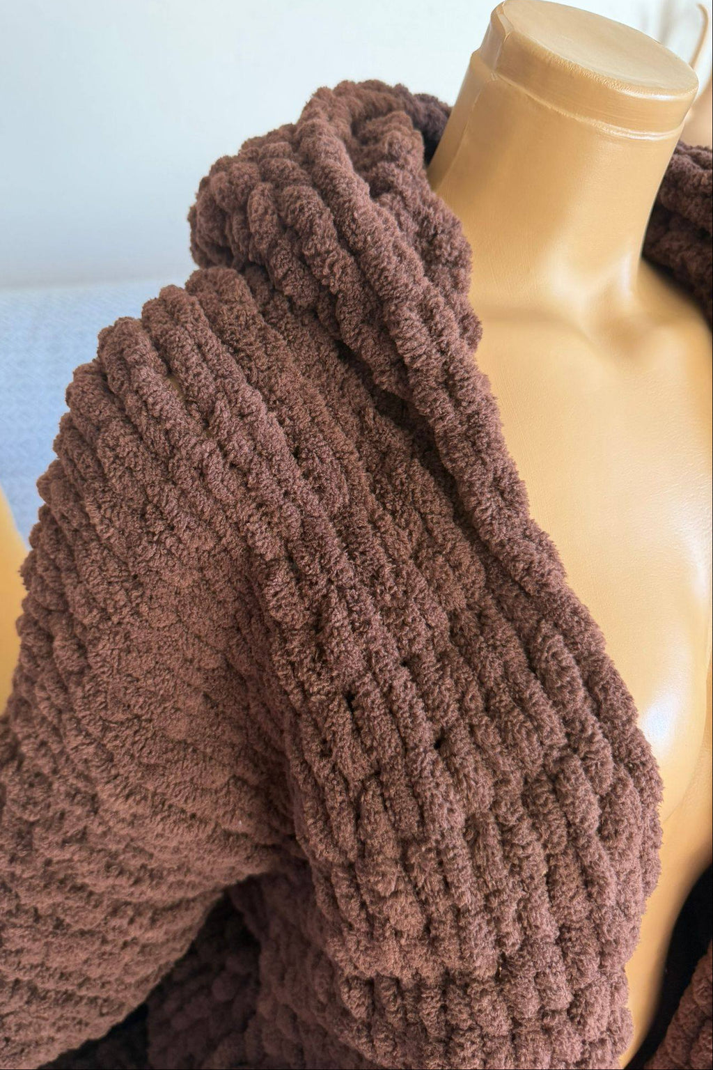 Chunky Knit Brown Cardigan – Oversized Chenille Hooded Sweater, Soft Velvet Touch
