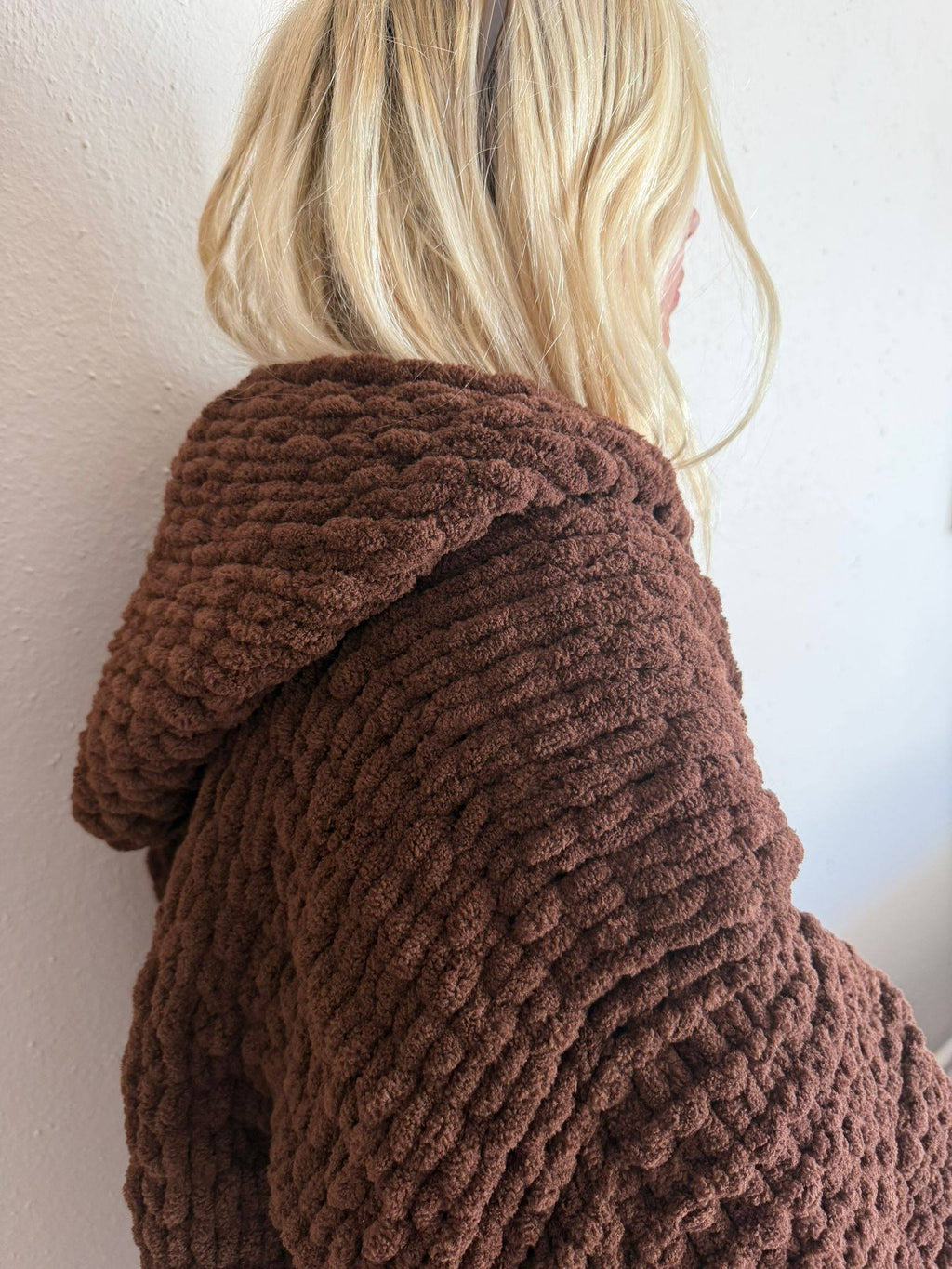 Chunky Knit Brown Cardigan – Oversized Chenille Hooded Sweater, Soft Velvet Touch