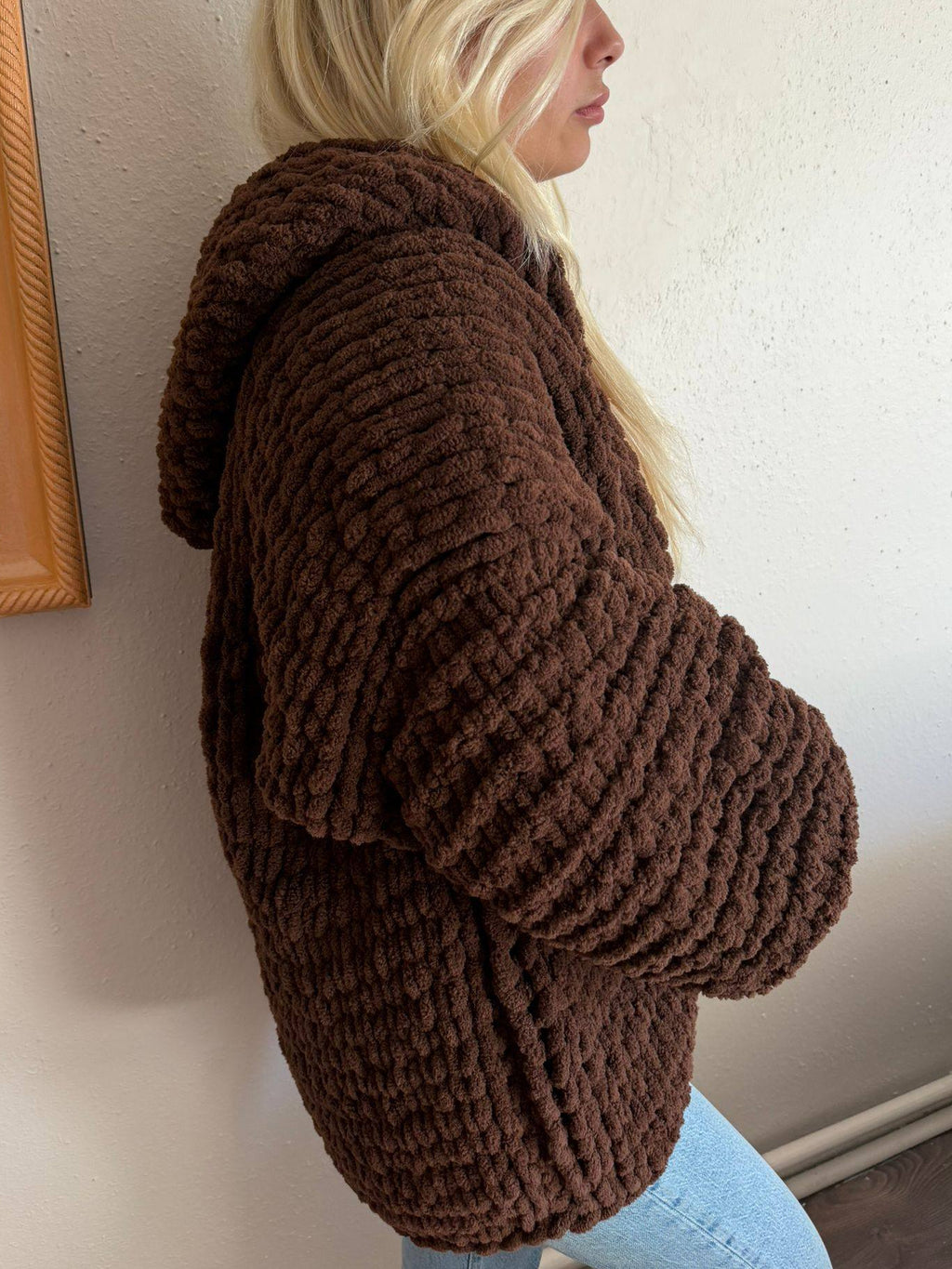Chunky Knit Brown Cardigan – Oversized Chenille Hooded Sweater, Soft Velvet Touch