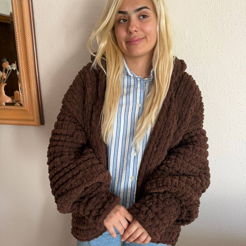 Chunky Knit Brown Cardigan – Oversized Chenille Hooded Sweater, Soft Velvet Touch