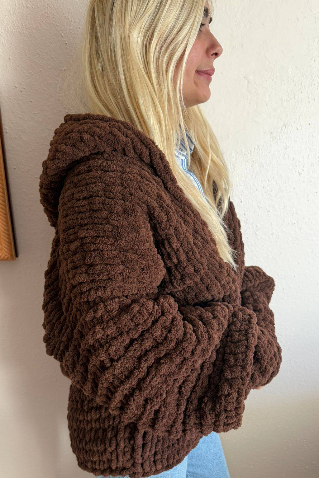Chunky Knit Brown Cardigan – Oversized Chenille Hooded Sweater, Soft Velvet Touch