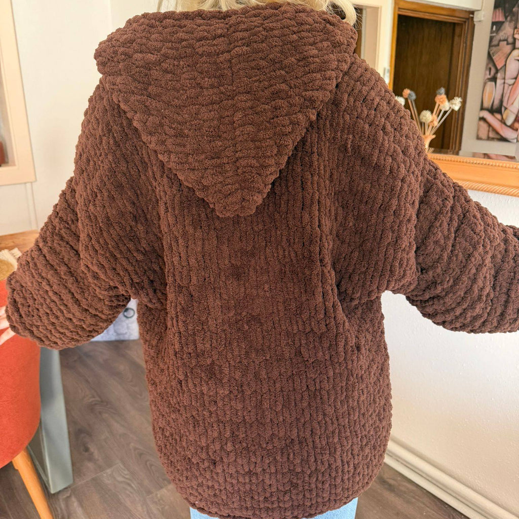 Chunky Knit Brown Cardigan – Oversized Chenille Hooded Sweater, Soft Velvet Touch