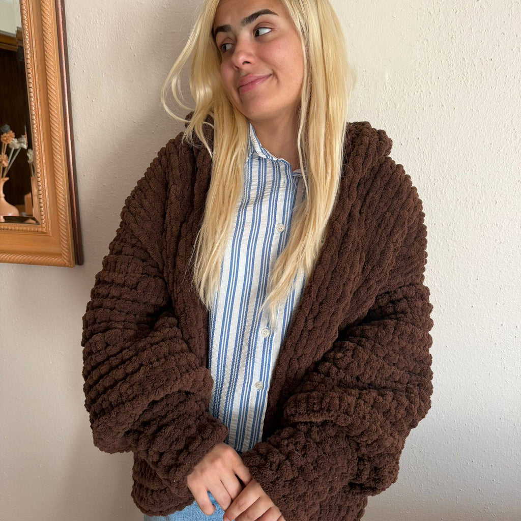 Chunky Knit Brown Cardigan – Oversized Chenille Hooded Sweater, Soft Velvet Touch