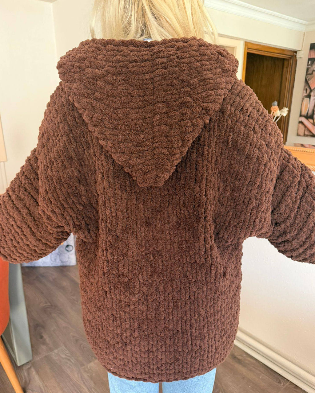 Chunky Knit Brown Cardigan – Oversized Chenille Hooded Sweater, Soft Velvet Touch