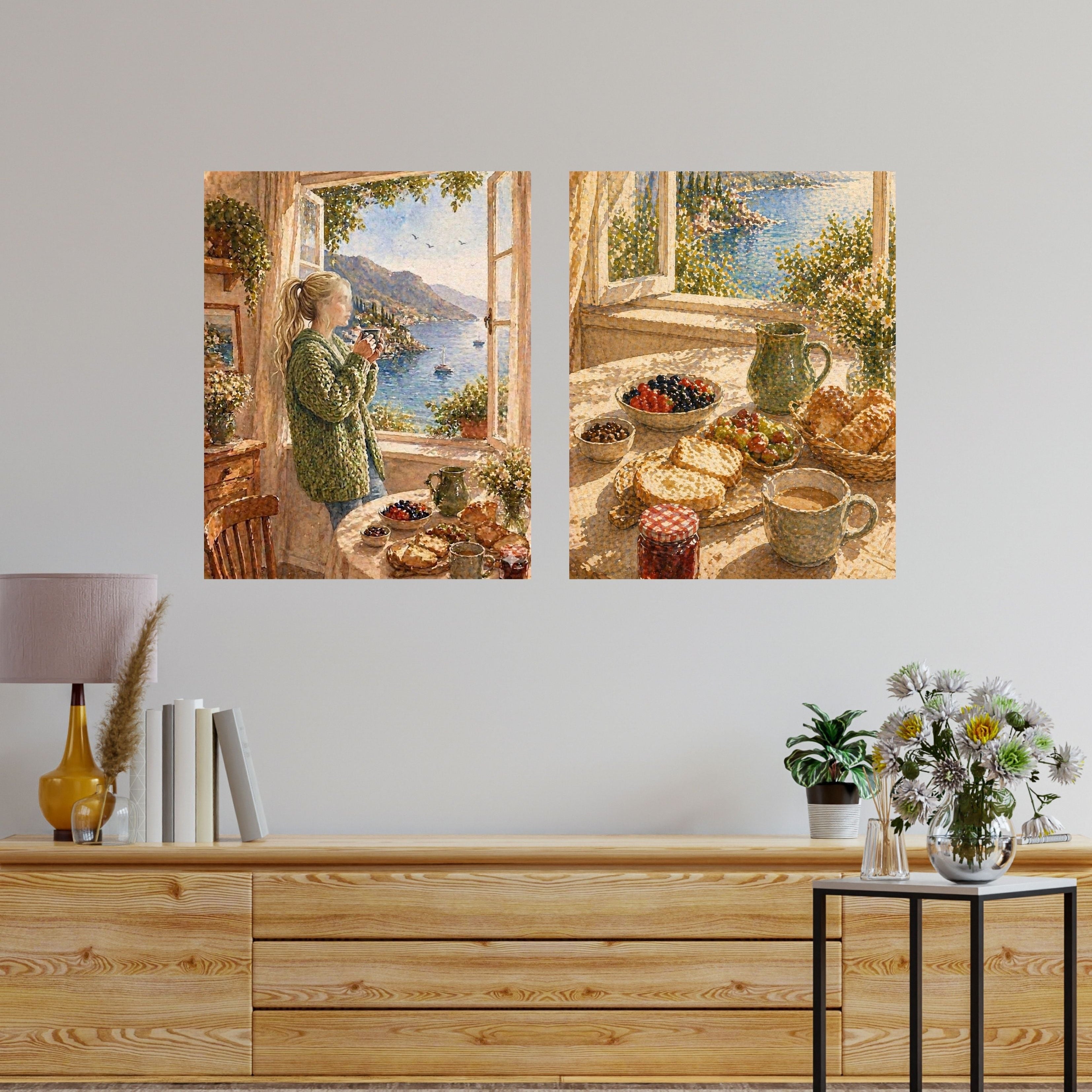 Coastal Breakfast Scene Fine Art Poster | Cottage Kitchen Print