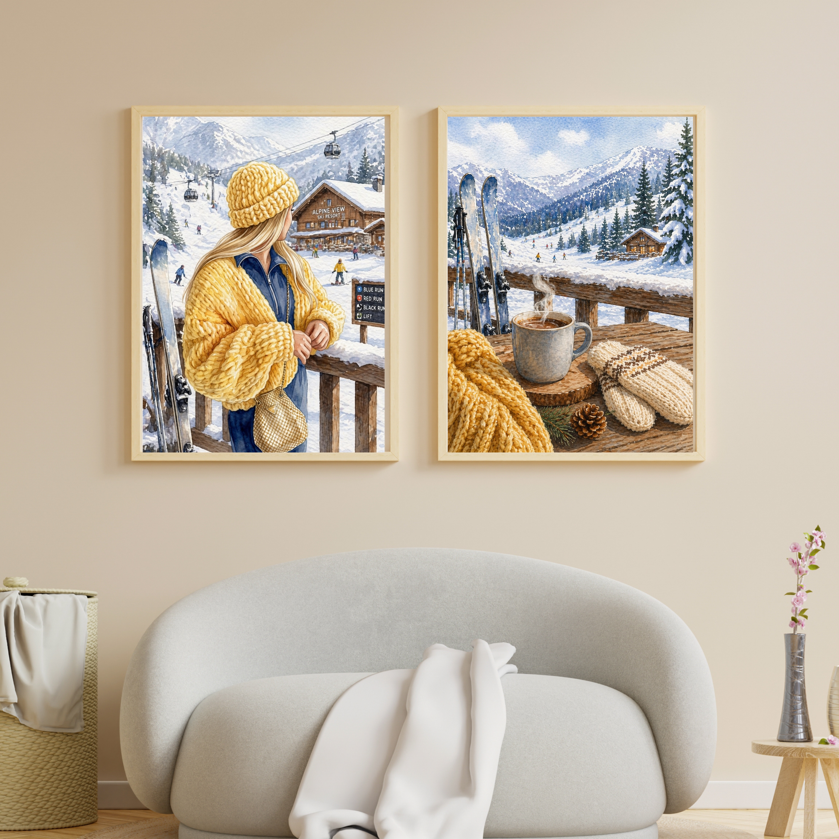 Cozy Winter Cabin Scene Fine Art Poster | Ski Lodge, Hot Cocoa, Snowy Mountains