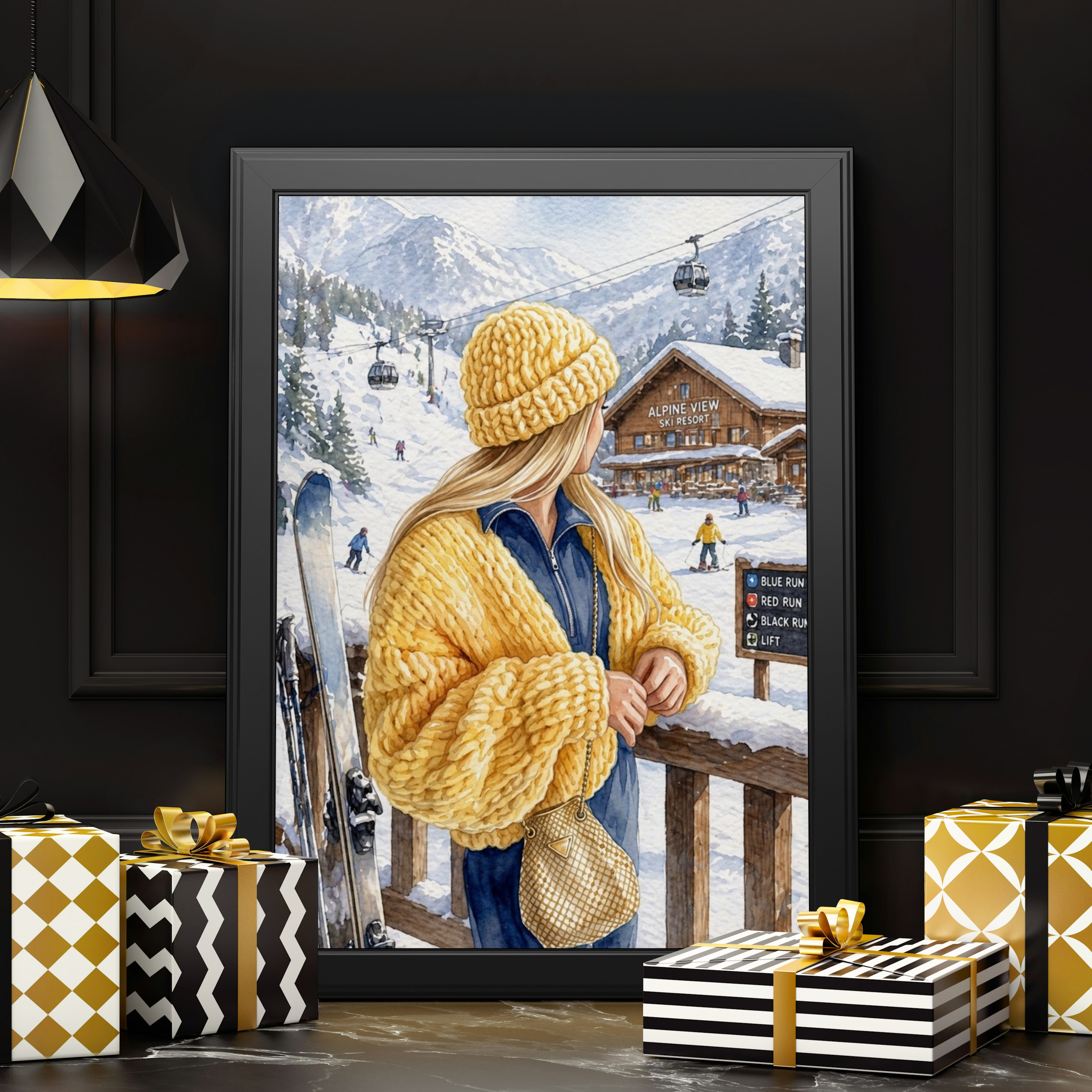 Cozy Winter Cabin Scene Fine Art Poster | Ski Lodge, Hot Cocoa, Snowy Mountains