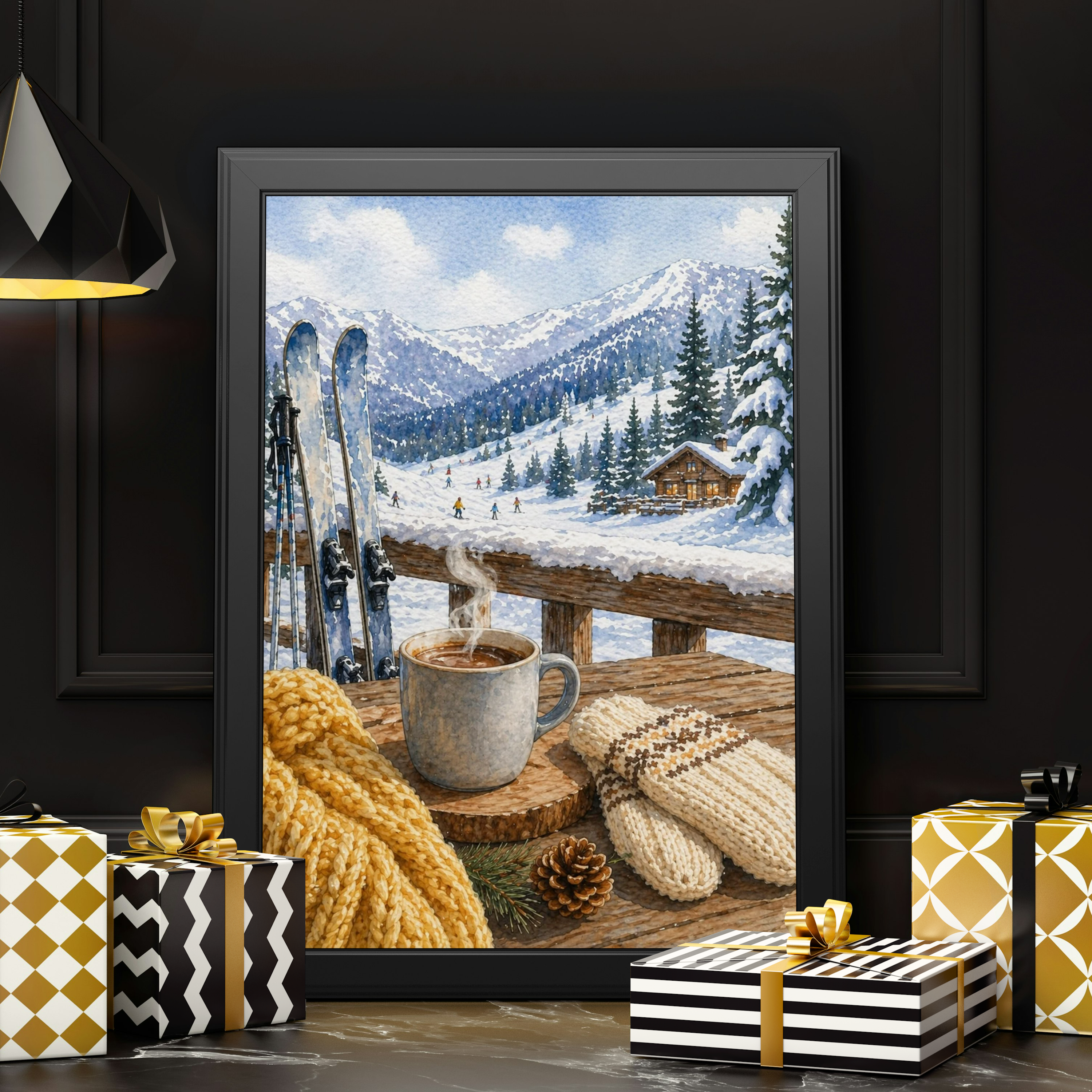 Cozy Winter Cabin Scene Fine Art Poster | Ski Lodge, Hot Cocoa, Snowy Mountains