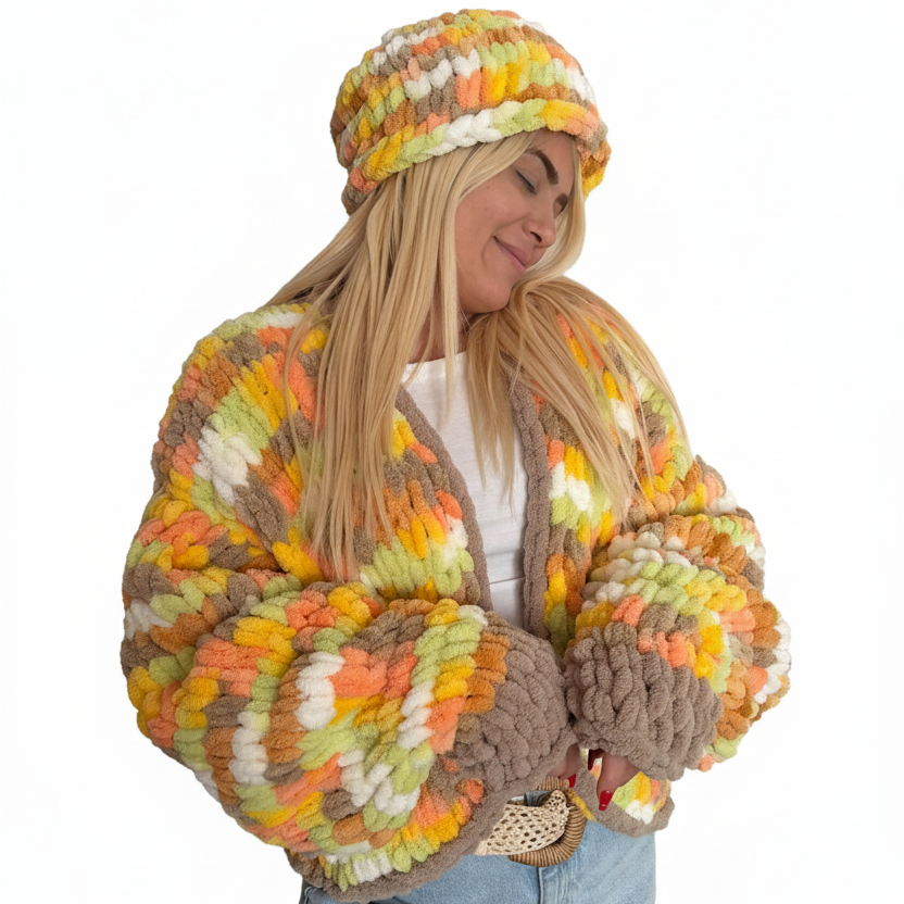 Bohemian Chunky Chenille Knit Cardigan & Beanie Set