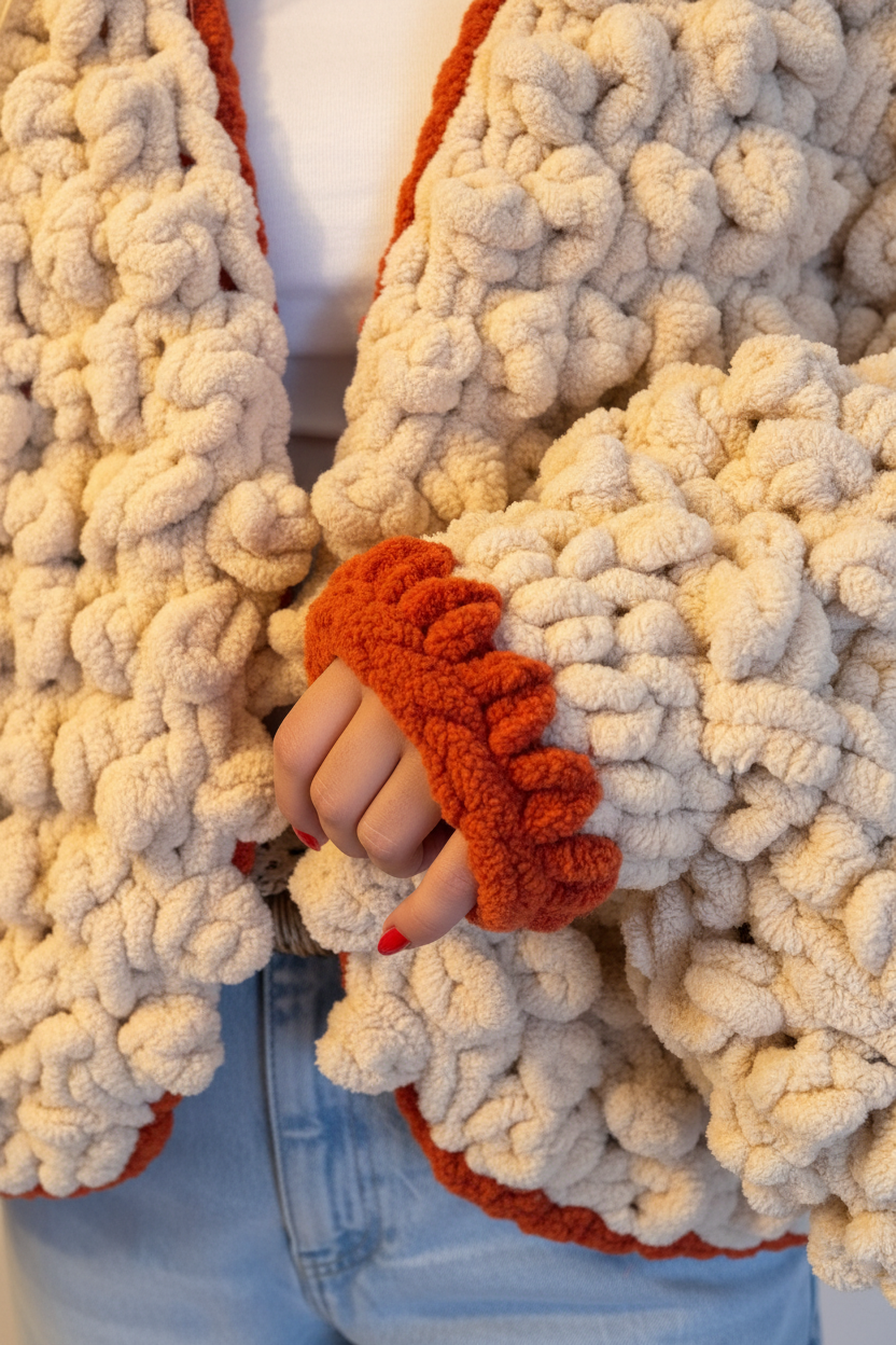 Hand-Knitted Chunky Chenille Cardigan, Popcorn Texture Balloon Sleeve