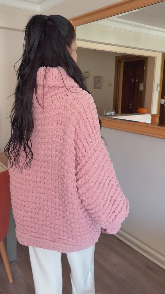 Handmade Pink Chenille Chunky Knit Balloon Sleeve Turtleneck Sweater