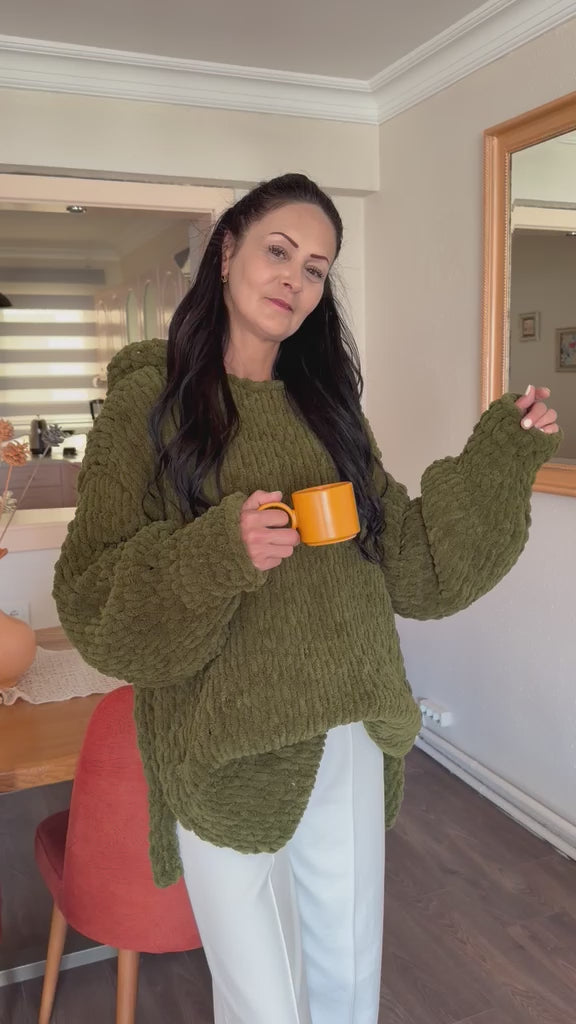 Hand-Knitted Oversized Chunky Chenille Hoodie, Balloon Sleeve