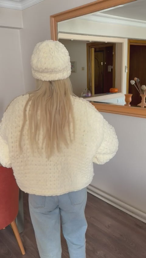 Chunky Chenille Knit Cardigan Beanie Set