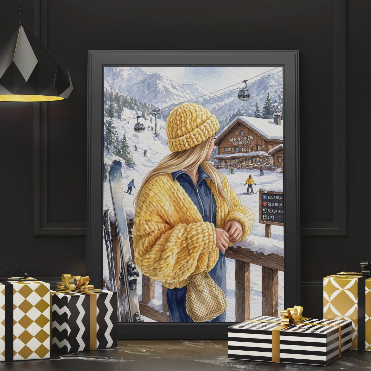 Cozy Winter Cabin Scene Fine Art Poster | Ski Lodge, Hot Cocoa, Snowy Mountains