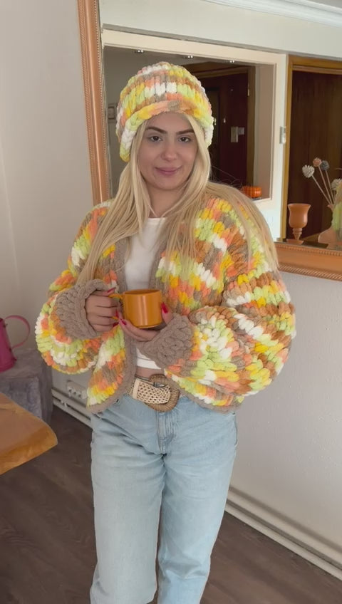 Bohemian Chunky Chenille Knit Cardigan & Beanie Set