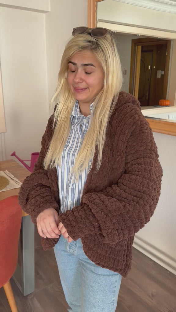 Chunky Knit Brown Cardigan – Oversized Chenille Hooded Sweater, Soft Velvet Touch