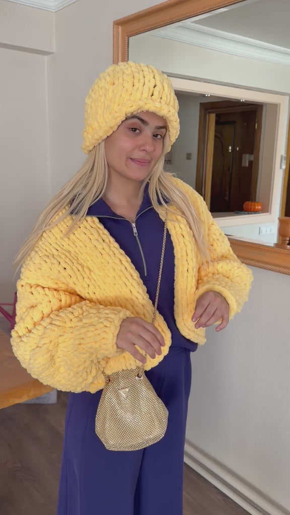 Chunky Knit Cardigan and Beanie Set
