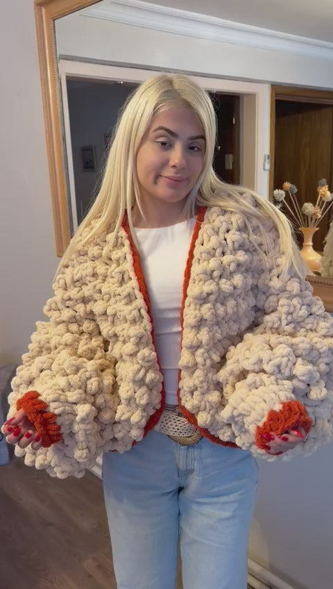 Hand-Knitted Chunky Chenille Cardigan, Popcorn Texture Balloon Sleeve