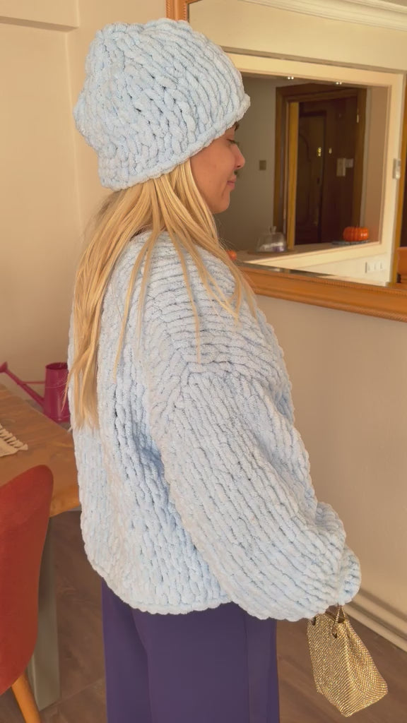 Oversized Chunky Chenille Knit Cardigan and Beanie Set