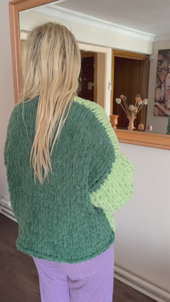 Oversized Chunky Chenille Knit Cardigan | Mint & Dark Green