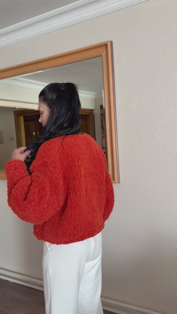Chunky Knit Chenille Cardigan Balloon Sleeve – Terracotta