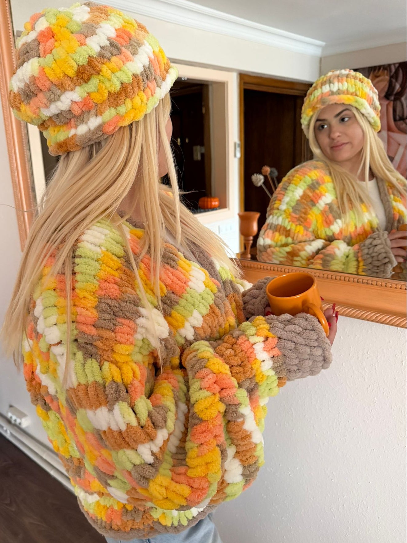 Bohemian Chunky Chenille Knit Cardigan & Beanie Set