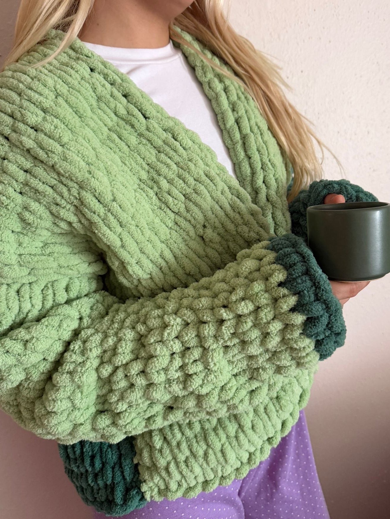 Oversized Chunky Chenille Knit Cardigan | Mint & Dark Green