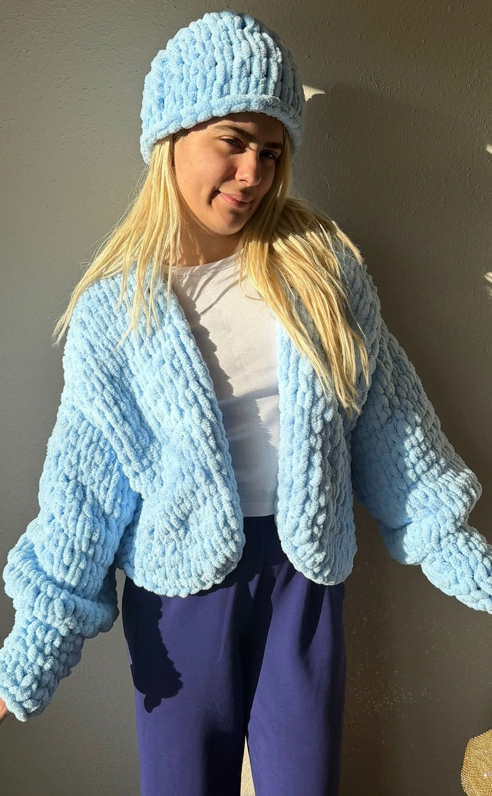 Oversized Chunky Chenille Knit Cardigan and Beanie Set