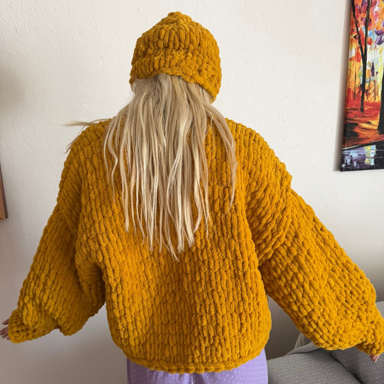 Mustard Chunky Handmade Cardigan & Beanie Set